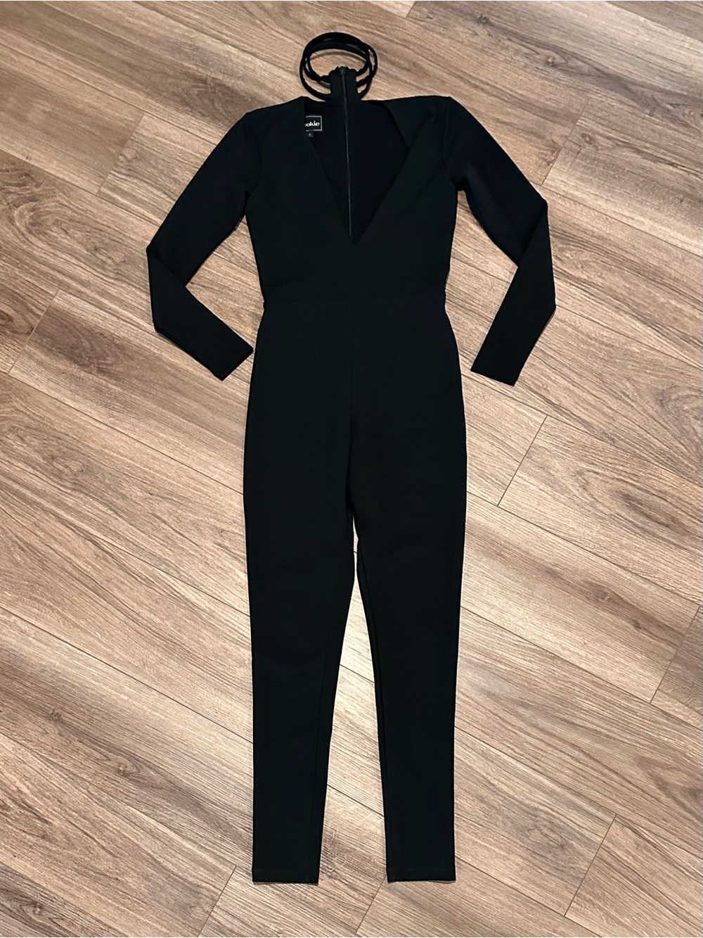Nookie Black V-Neck Long-Sleeve Jumpsuit with Three Neck Straps Size Small
